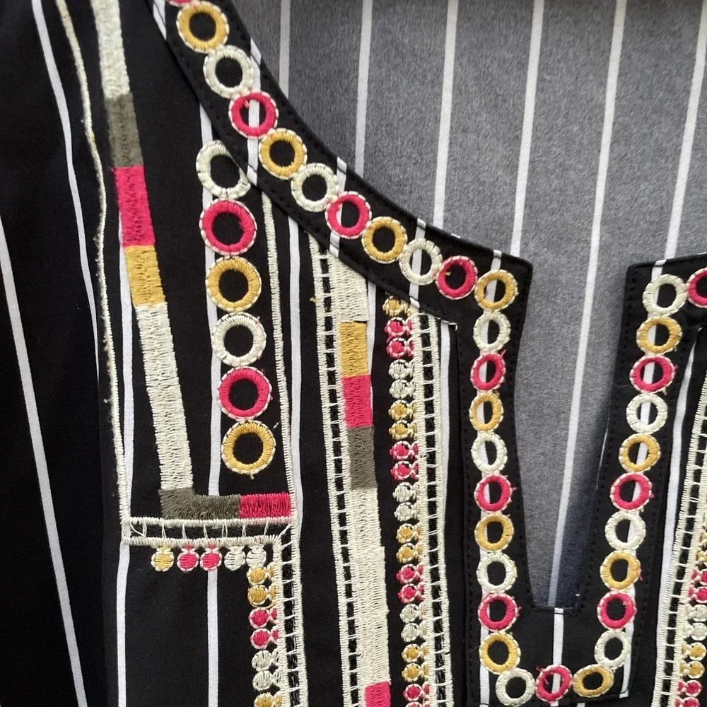 THML top Medium Black White Striped With Green Tan Pink And Yellow Embroidery - Picture 4 of 16
